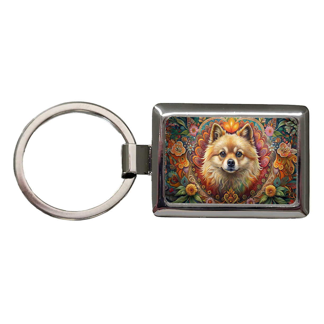 Pomeranian Dog Bohemian Art Rectangle Metal Keychain