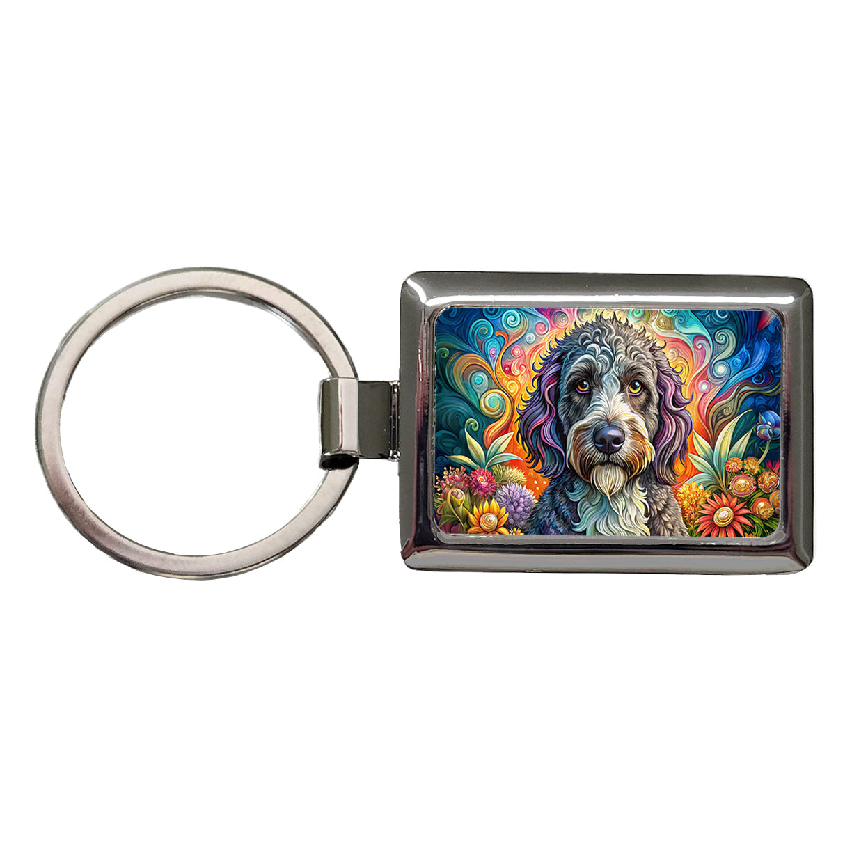 Portuguese Water Dog Bohemian Art Rectangle Metal Keychain