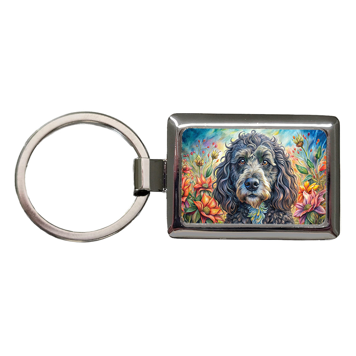 Portuguese Water Dog French Bohemian Art Rectangle Metal Keychain