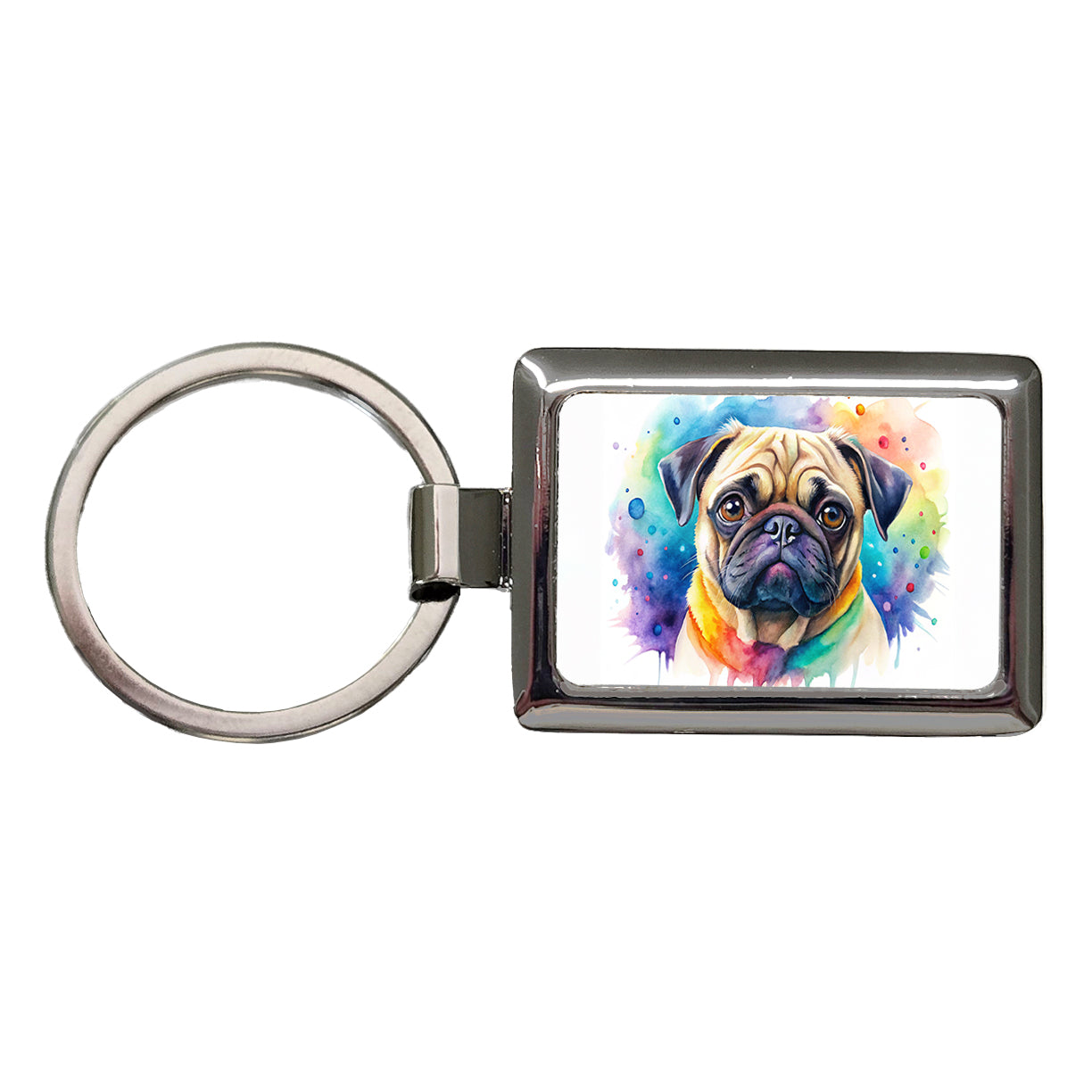 Pug Dog Watercolor Style Rectangle Metal Keychain