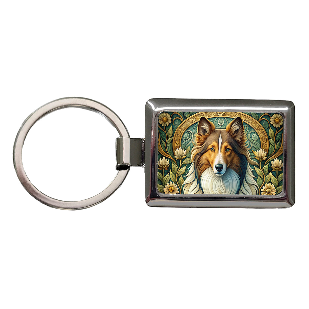 Shetland Sheepdog Sheltie Dog Art Nouveau Rectangle Metal Keychain