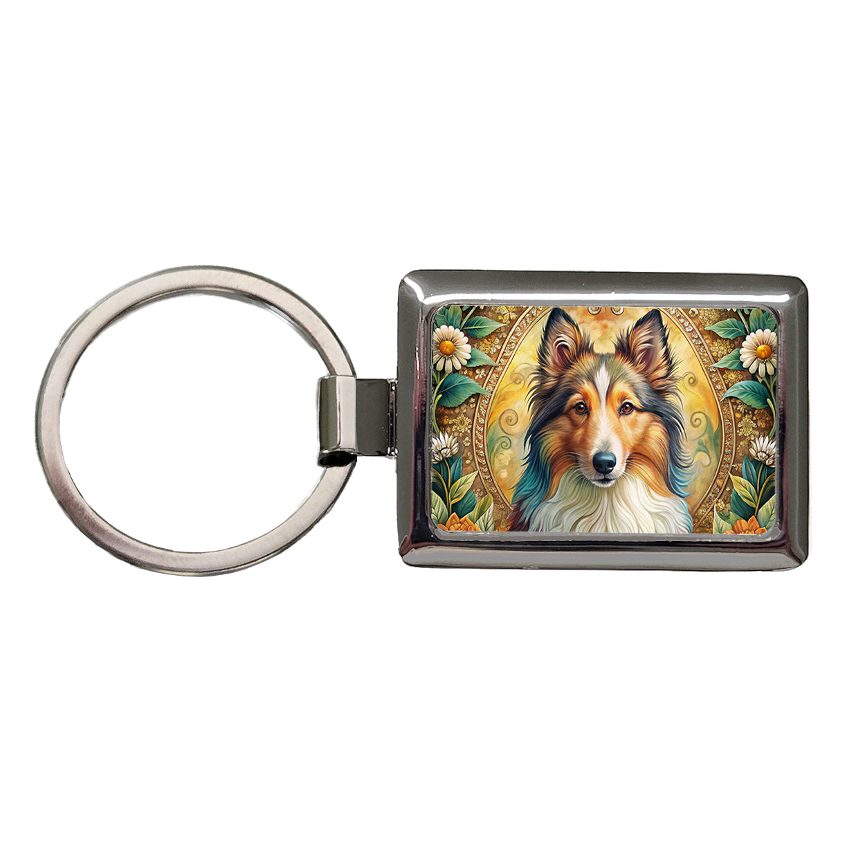 Shetland Sheepdog Sheltie Dog Bohemian Art Rectangle Metal Keychain