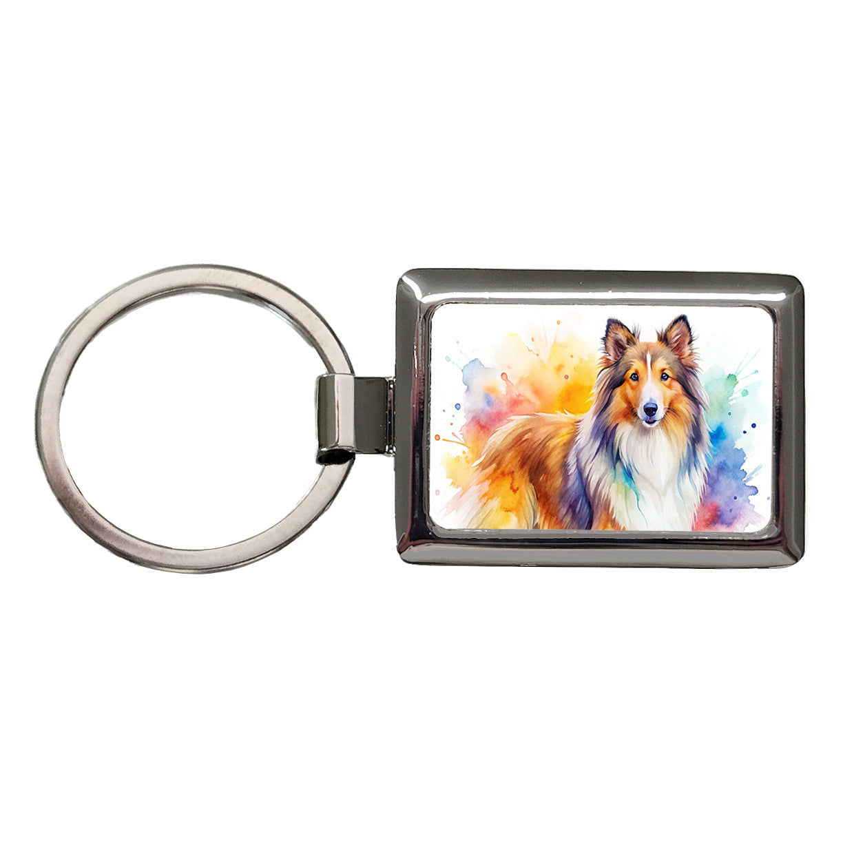Shetland Sheepdog Sheltie Dog Watercolor Style Rectangle Metal Keychain
