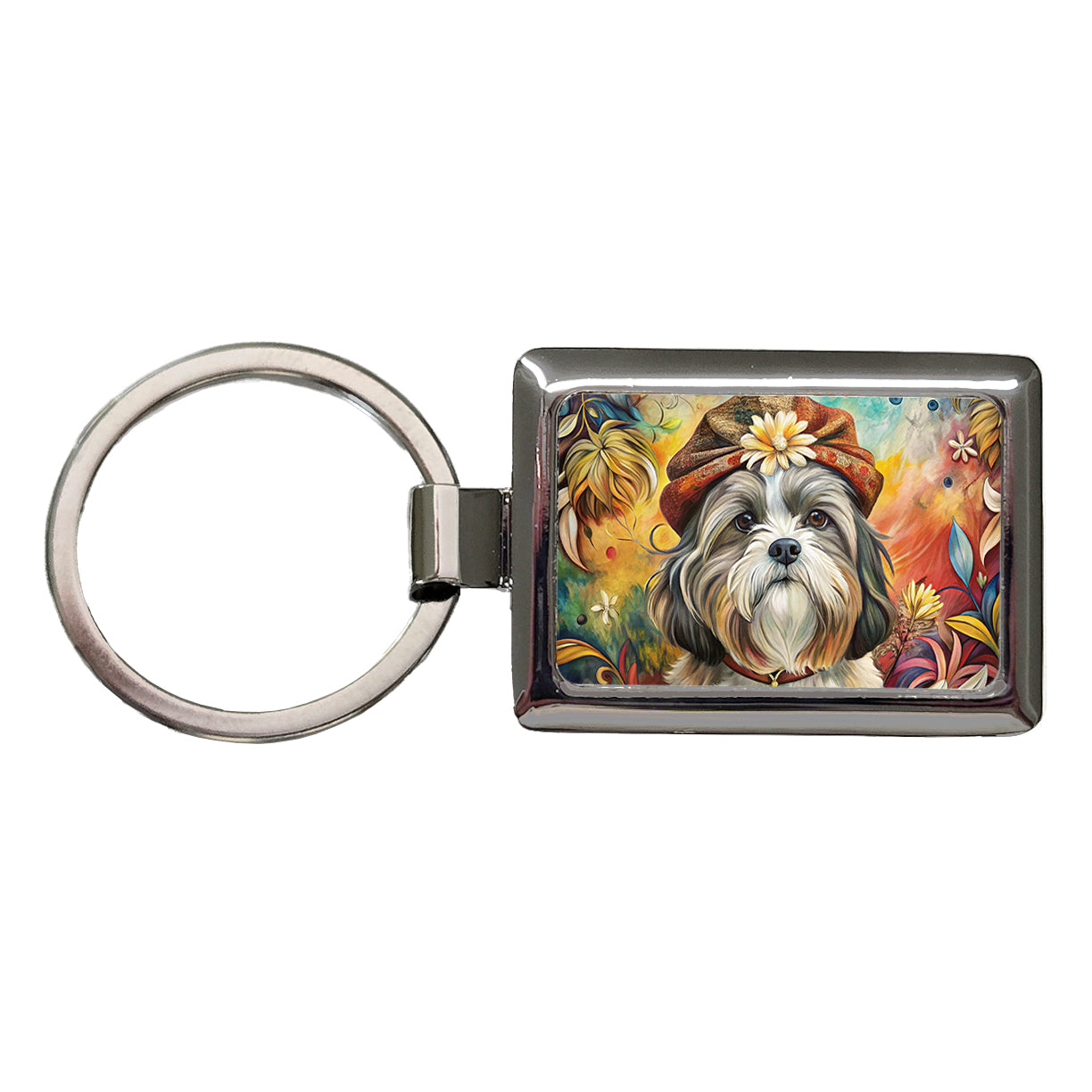 Shih Tzu Dog French Bohemian Art Rectangle Metal Keychain