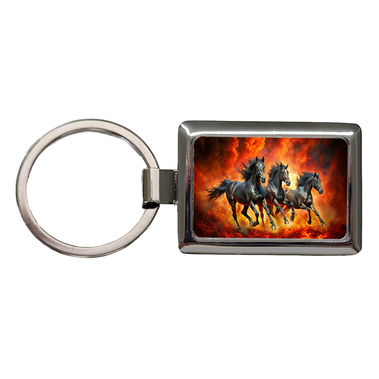 Black Horses Galloping Out of Fire Rectangle Metal Keychain
