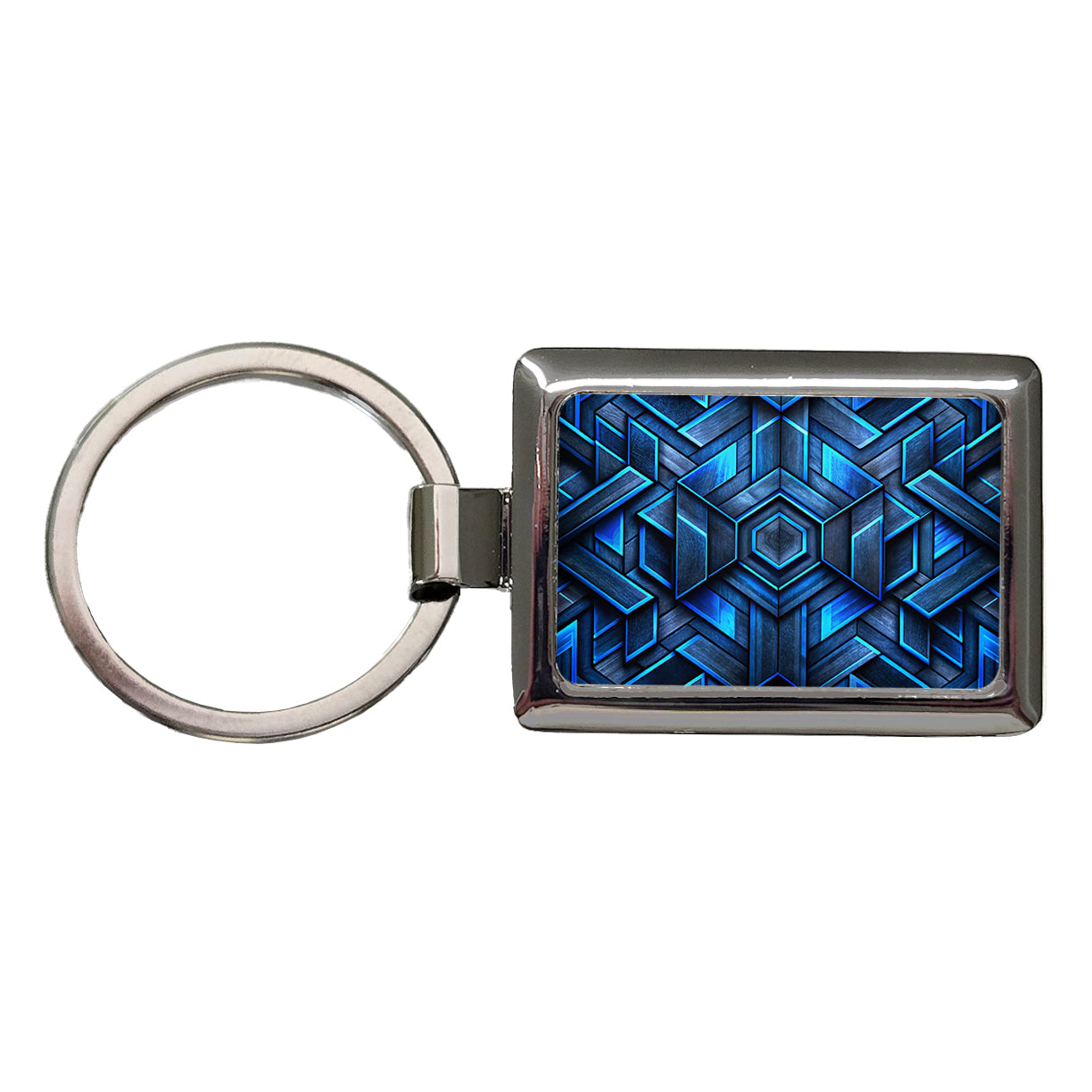 Chunky Angular Black And Blue Design Pattern Rectangle Metal Keychain