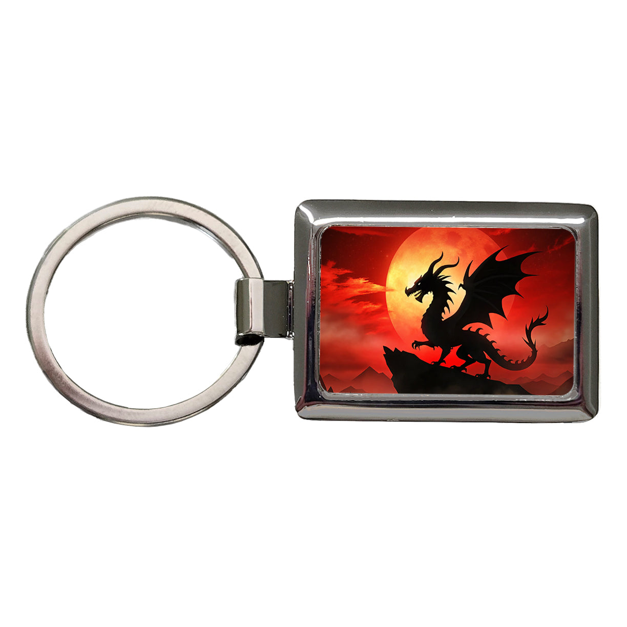 Dragon Silhouette Against A Red Sky Rectangle Metal Keychain
