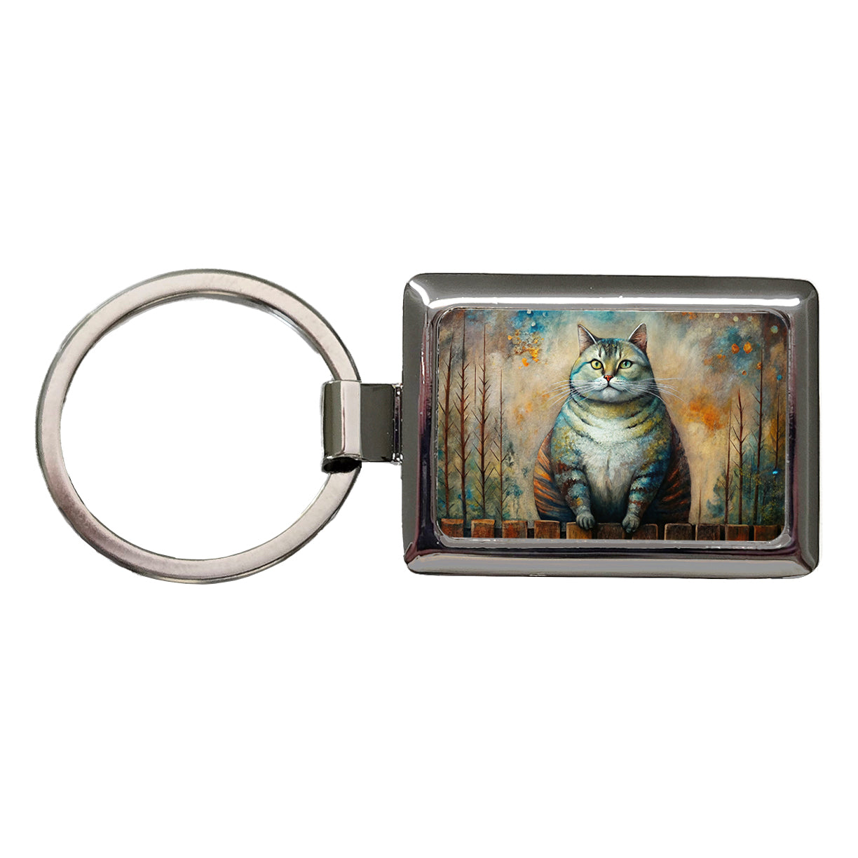 Fat Chunky Alley Cat Sitting On Fence Abstract Art Rectangle Metal Keychain