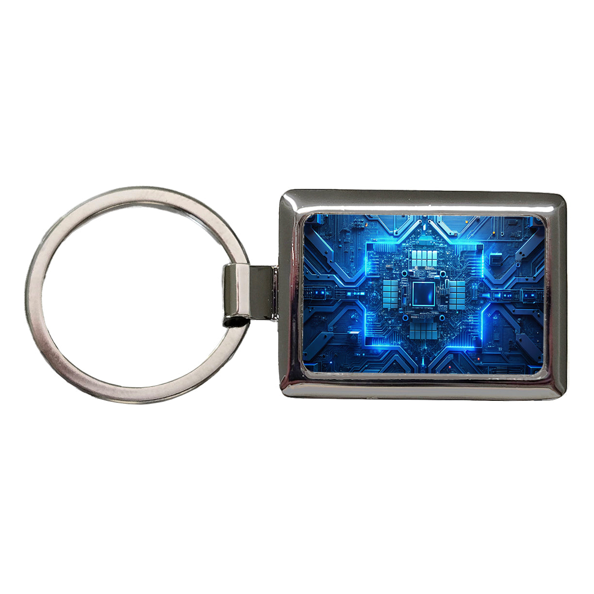 Intricate Blue Circuit Board Rectangle Metal Keychain