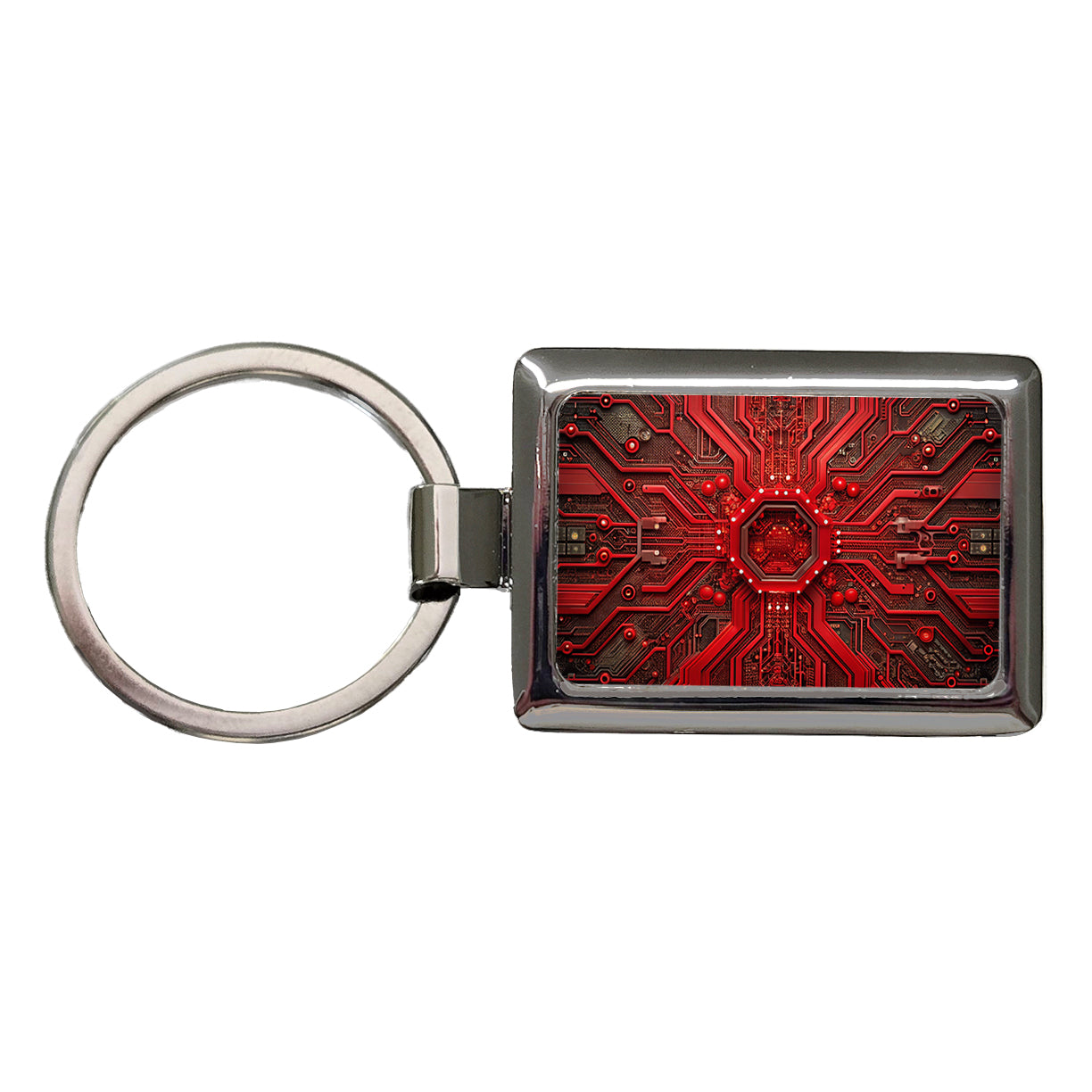 Intricate Red Circuit Board Rectangle Metal Keychain