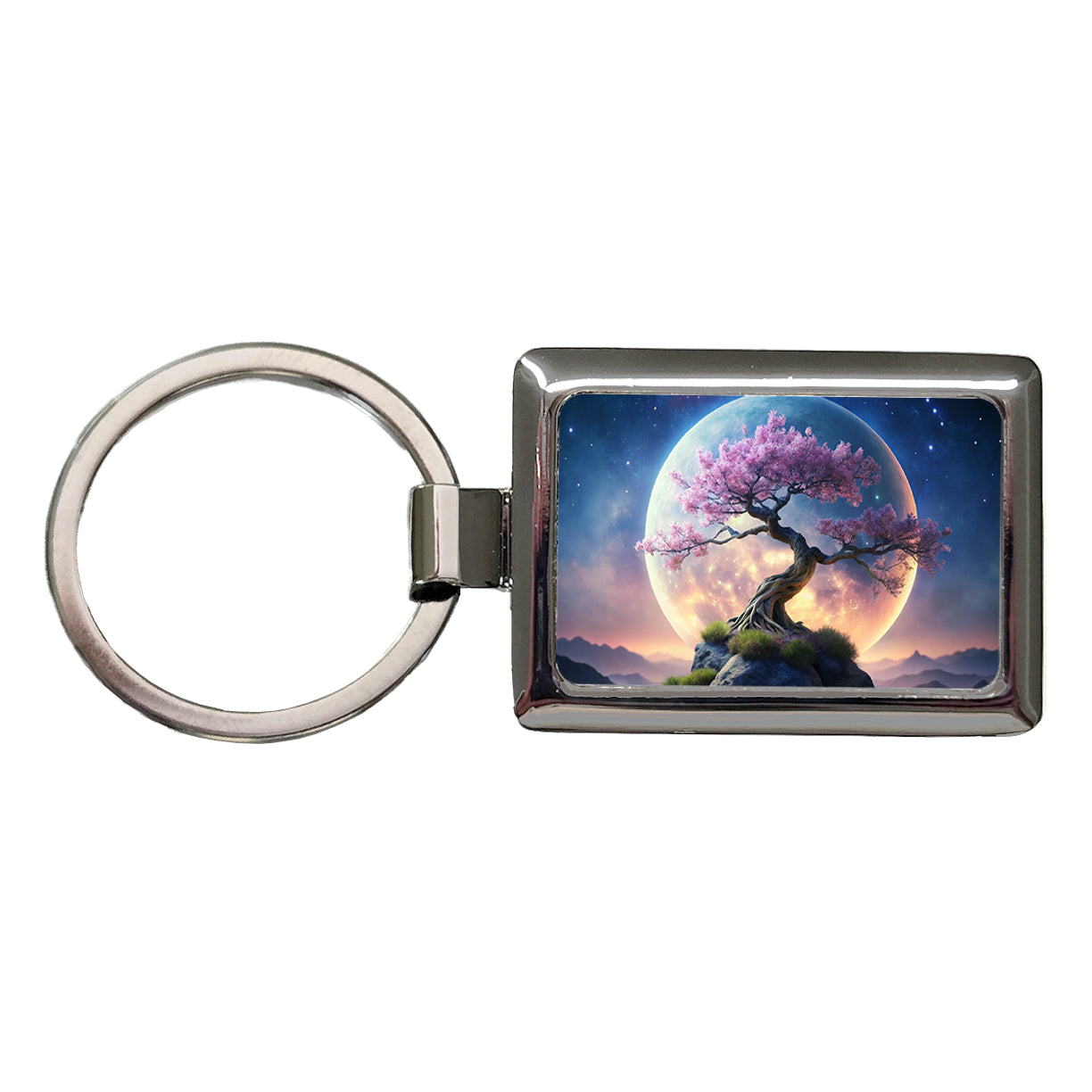 Japanese Bonsai Tree With Pink Flowers On Hill Under Large Moon Rectangle Metal Keychain