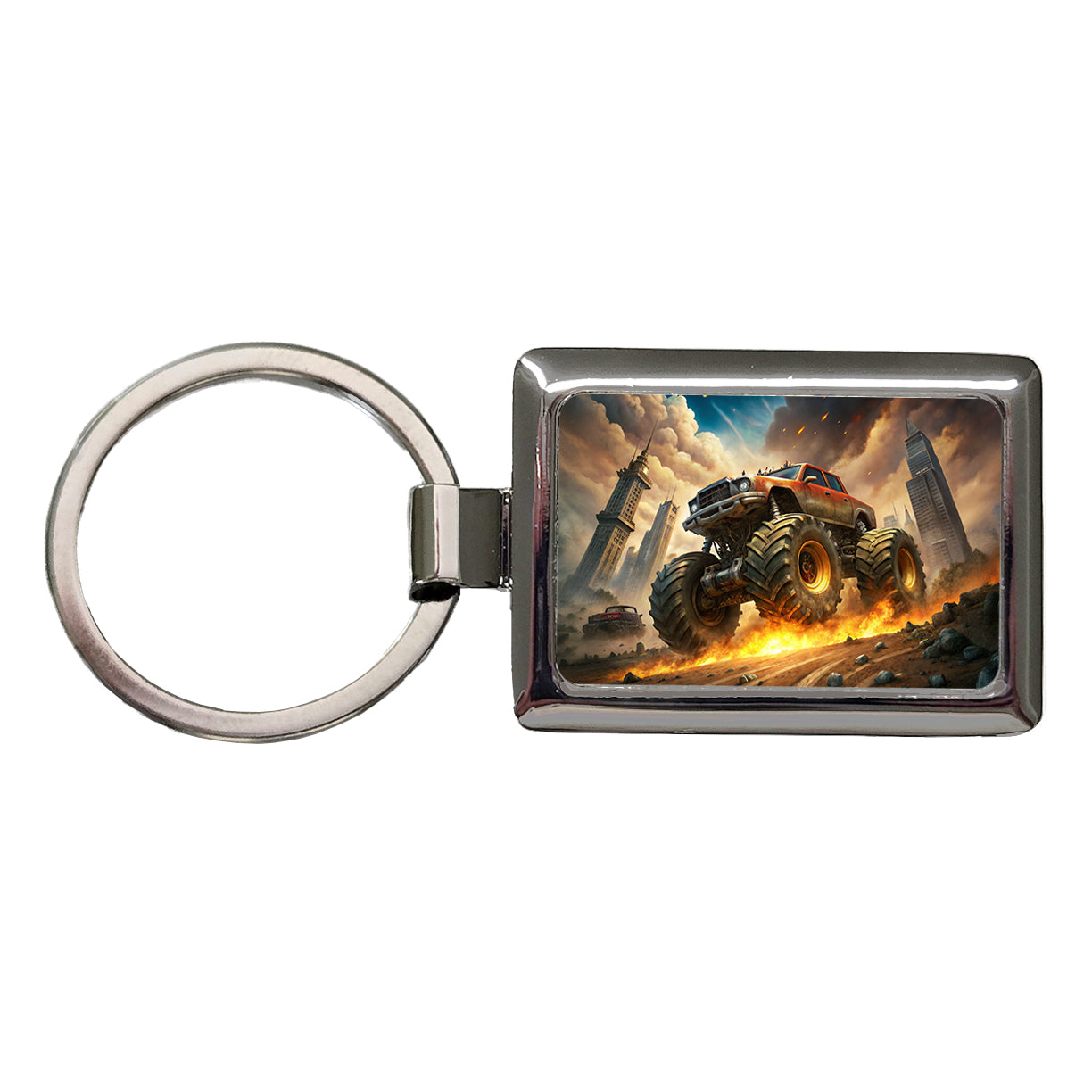 Monster Off-Road Truck Demolishing Cars Rectangle Metal Keychain