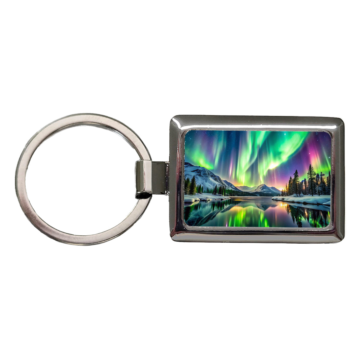 Northern Lights Over Lake Rectangle Metal Keychain