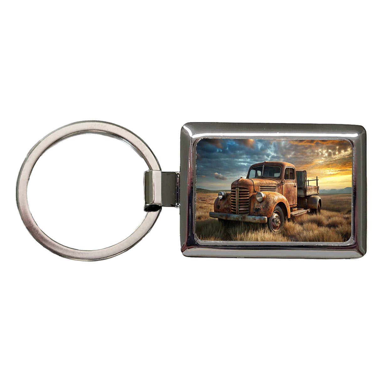 Old Rusted Retro Classic Truck Sitting In Field Rectangle Metal Keychain