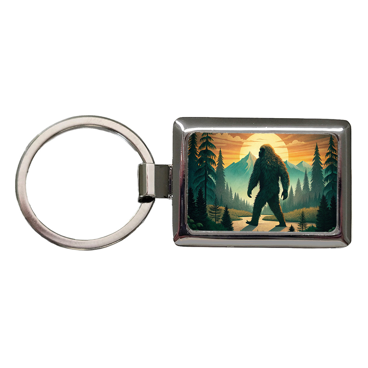 Retro Bigfoot Walking In The Woods At Sunset Rectangle Metal Keychain