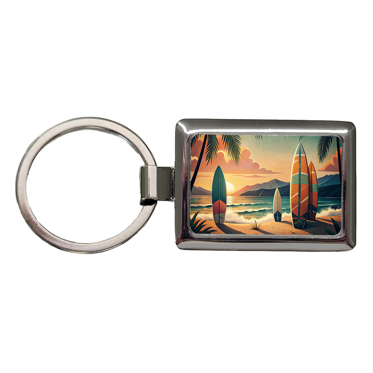Retro Surfboards On Beach Tropical Sunset Illustration Rectangle Metal Keychain