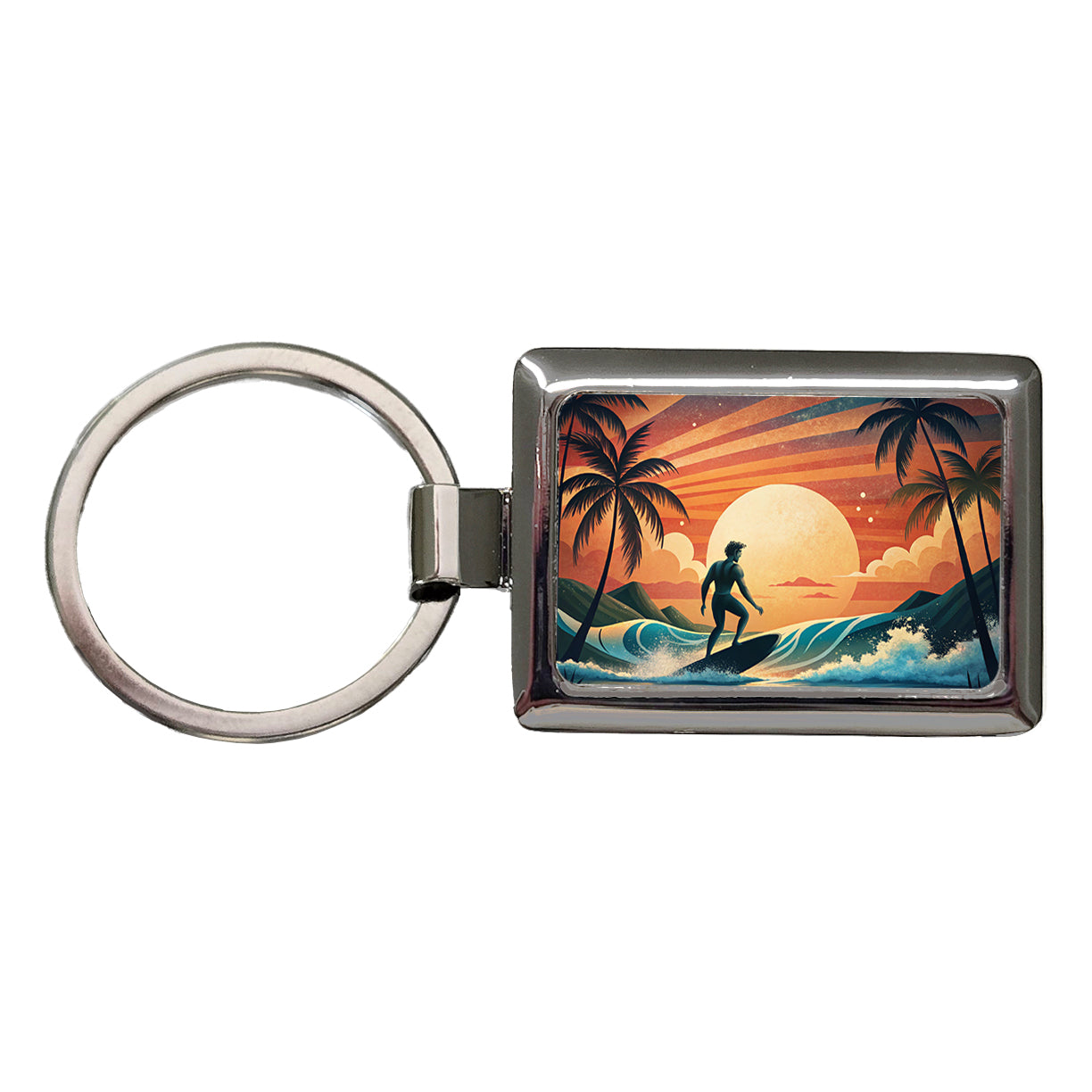 Retro Surfer Beach Tropical Sunset Illustration Rectangle Metal Keychain
