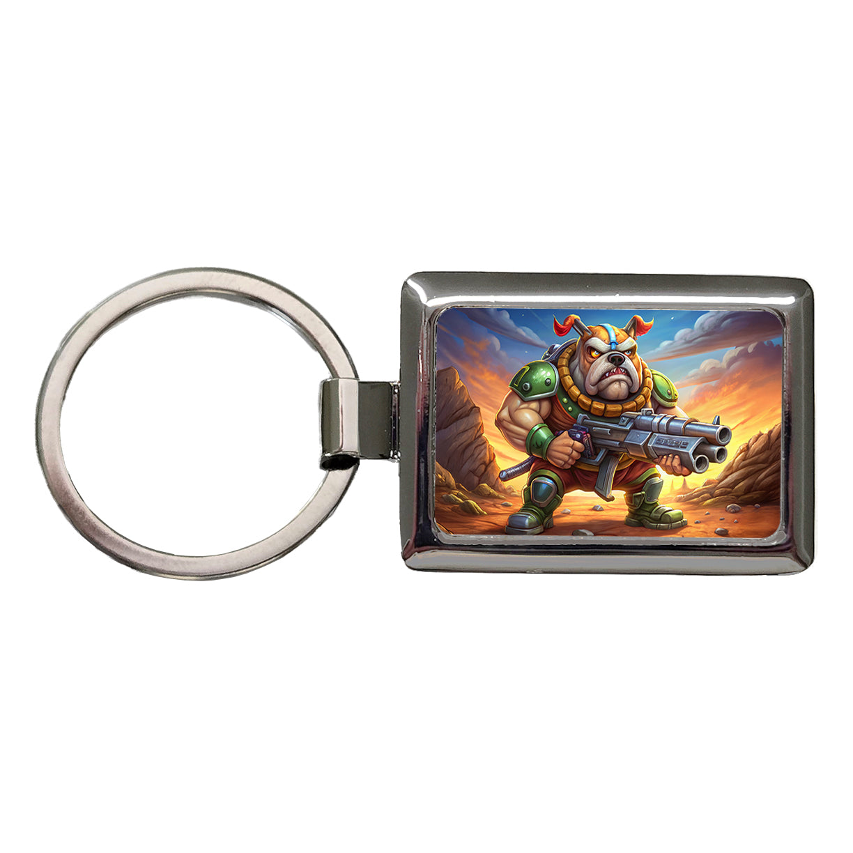 Sci-fi Cartoon Bulldog With Giant Gun Rectangle Metal Keychain