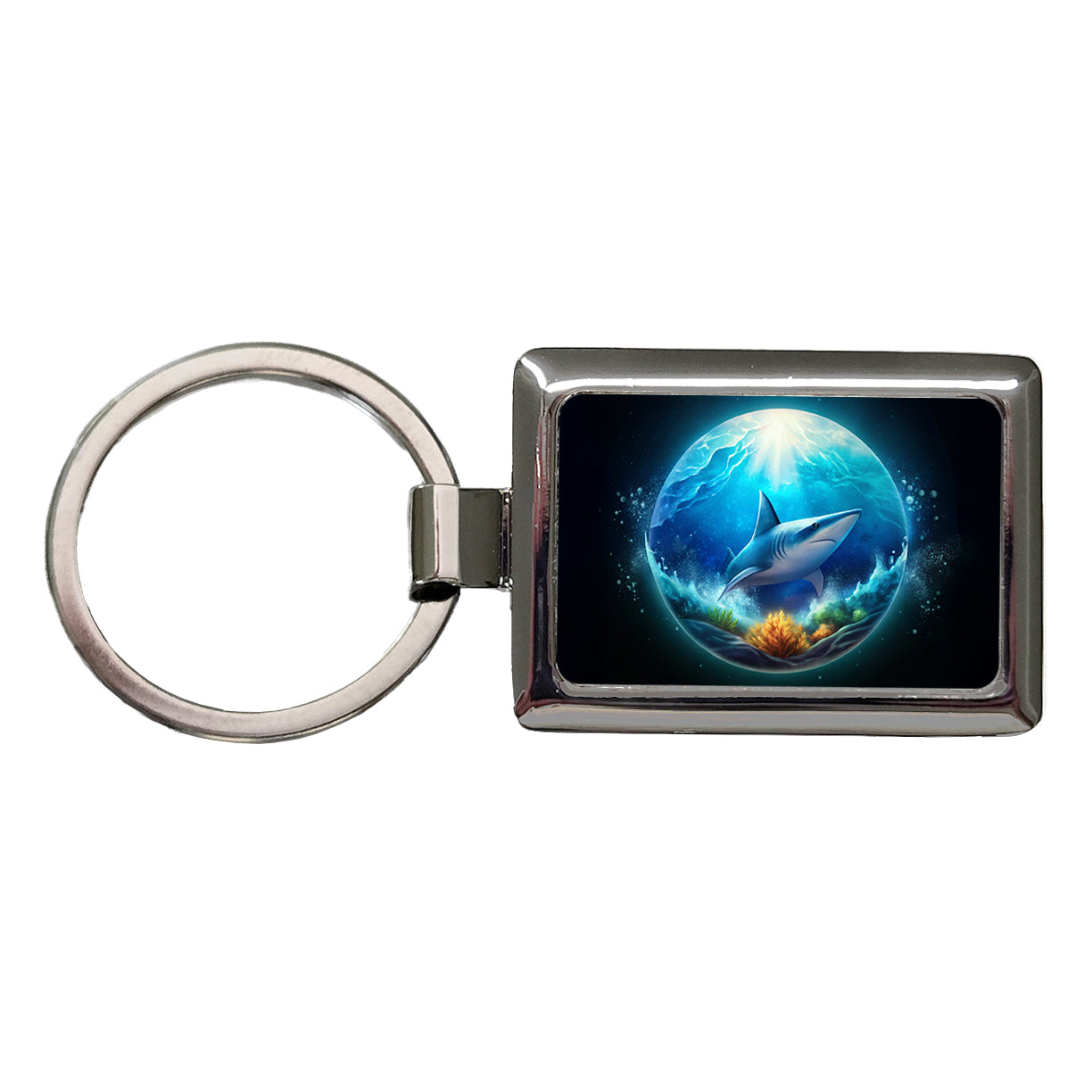 Shark Ocean Bubble Rectangle Metal Keychain
