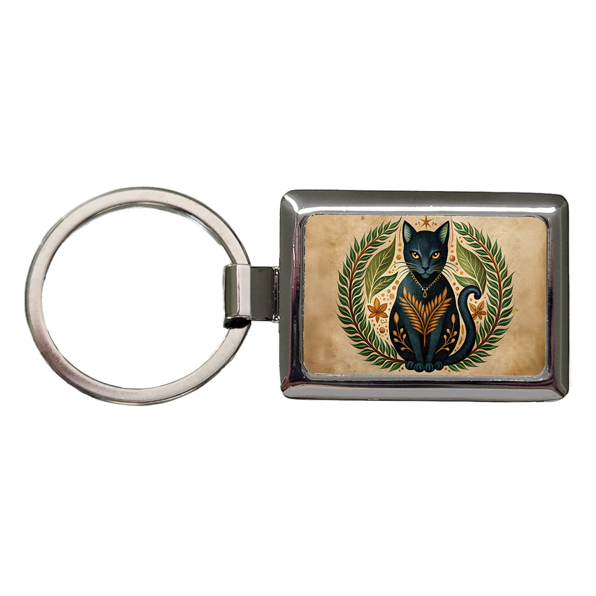 Stylized Black Cat Illustration Leaf Design Rectangle Metal Keychain