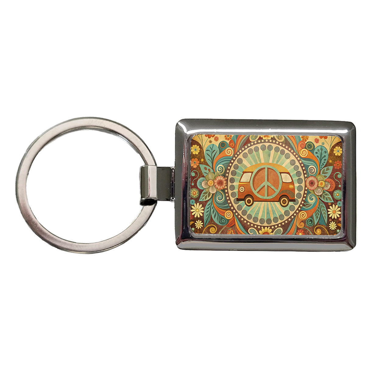 Vintage Retro Boho Hippie Van Peace Design Rectangle Metal Keychain