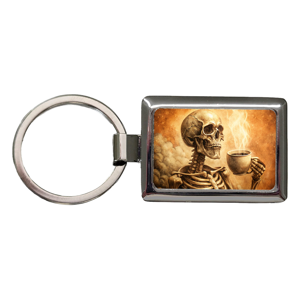Vintage Skeleton Holding Cup Of Coffee Retro Rectangle Metal Keychain