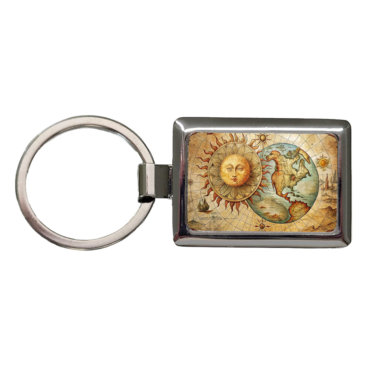 Vintage Sun Moon Map Rectangle Metal Keychain