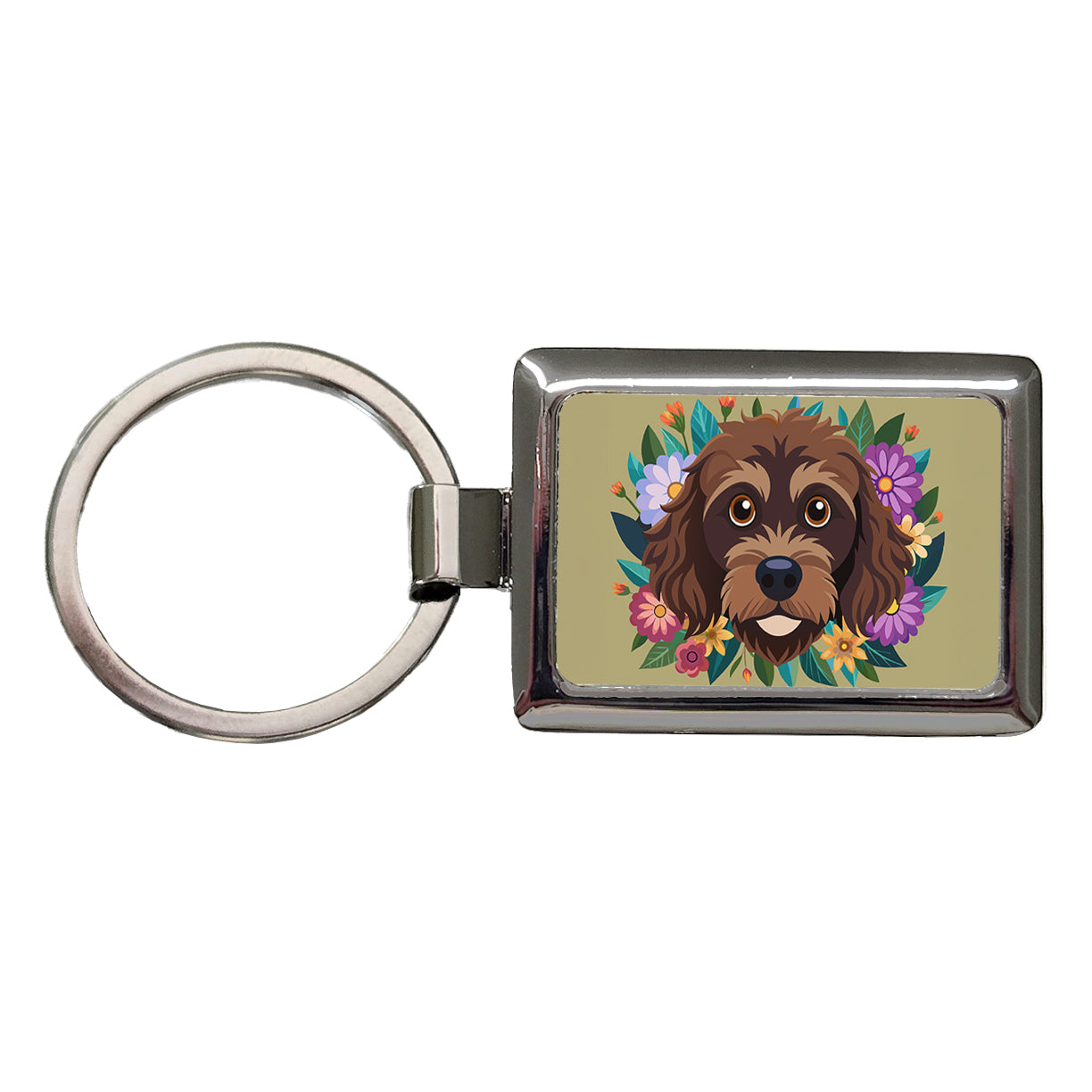 Brown Labradoodle Head Floral Motif Dog Cute Rectangle Metal Keychain