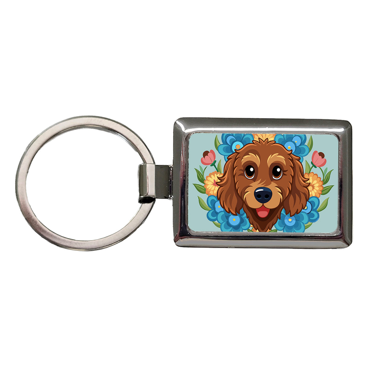 Brown Labradoodle Head Floral Motif Dog Rectangle Metal Keychain