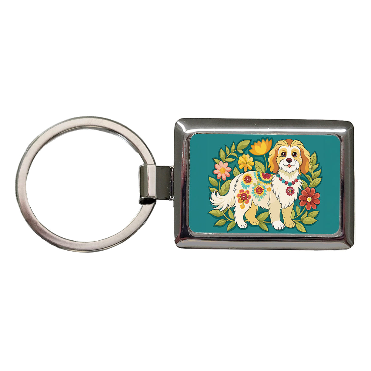 Cavachon Floral Motif Dog Cute Rectangle Metal Keychain