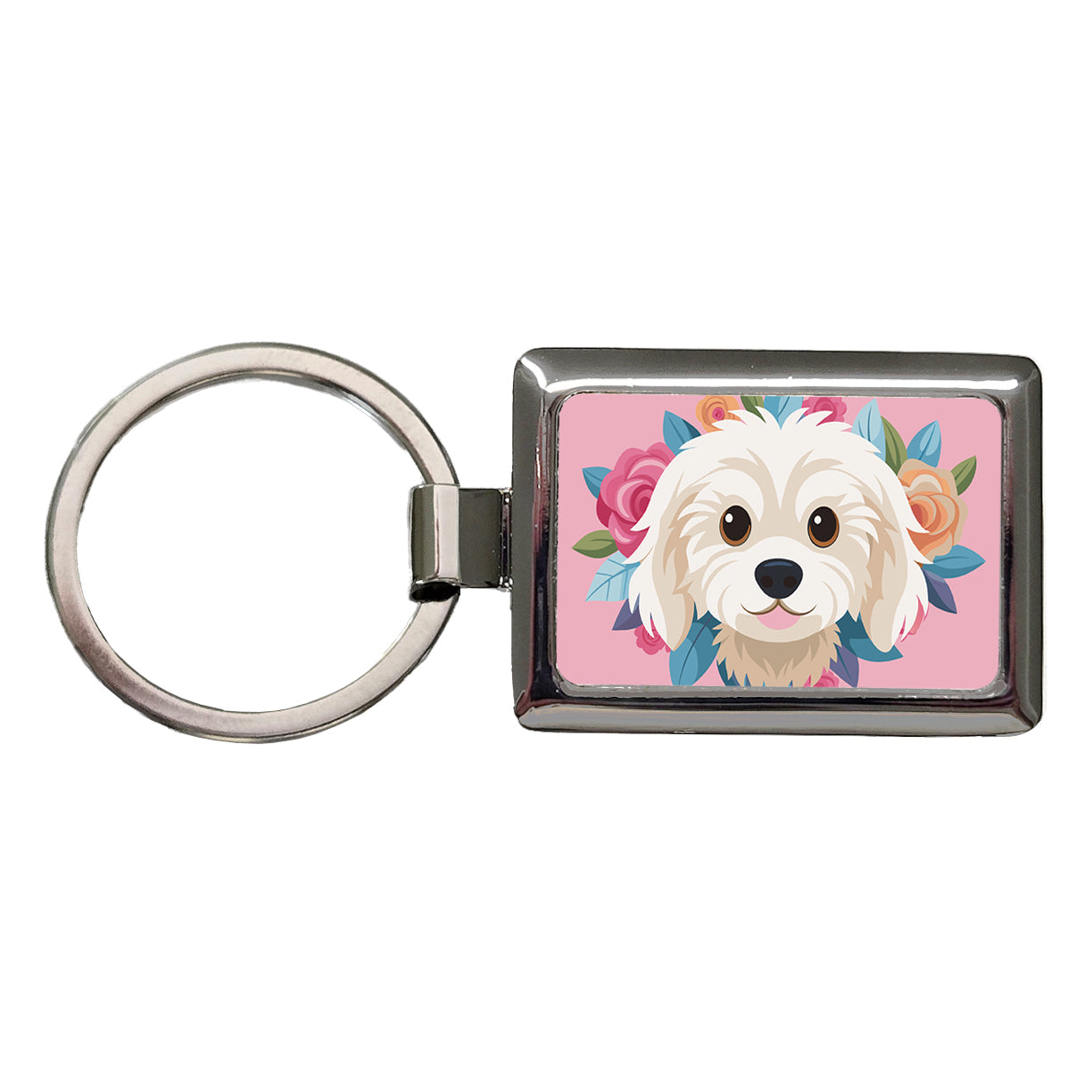 Cavachon Head Dog Floral Motif Pink Background Rectangle Metal Keychain
