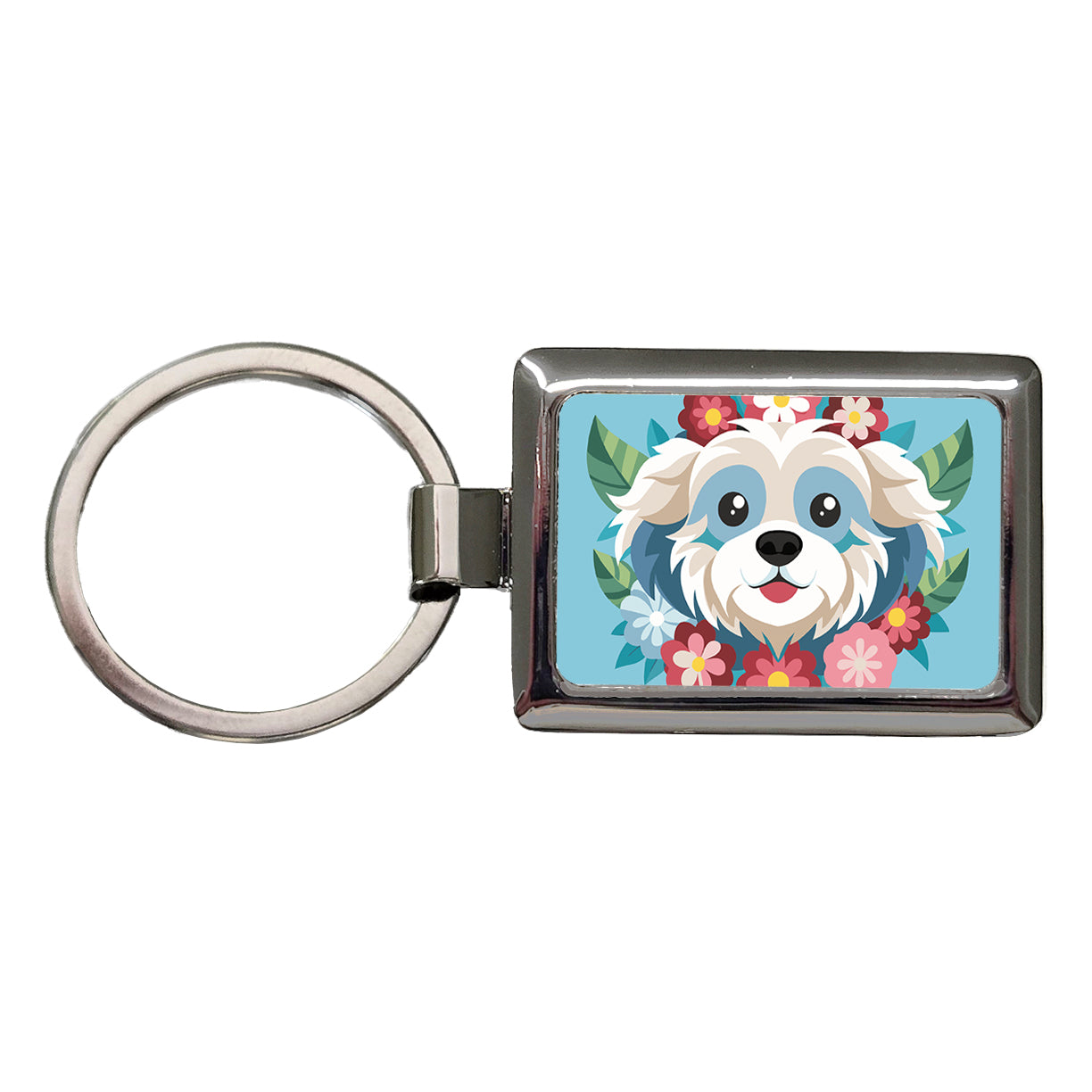 Cavachon Head Floral Dog Motif Blue Background Rectangle Metal Keychain