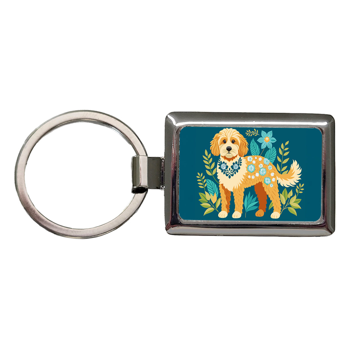Cavapoo Floral Motif Dog Rectangle Metal Keychain