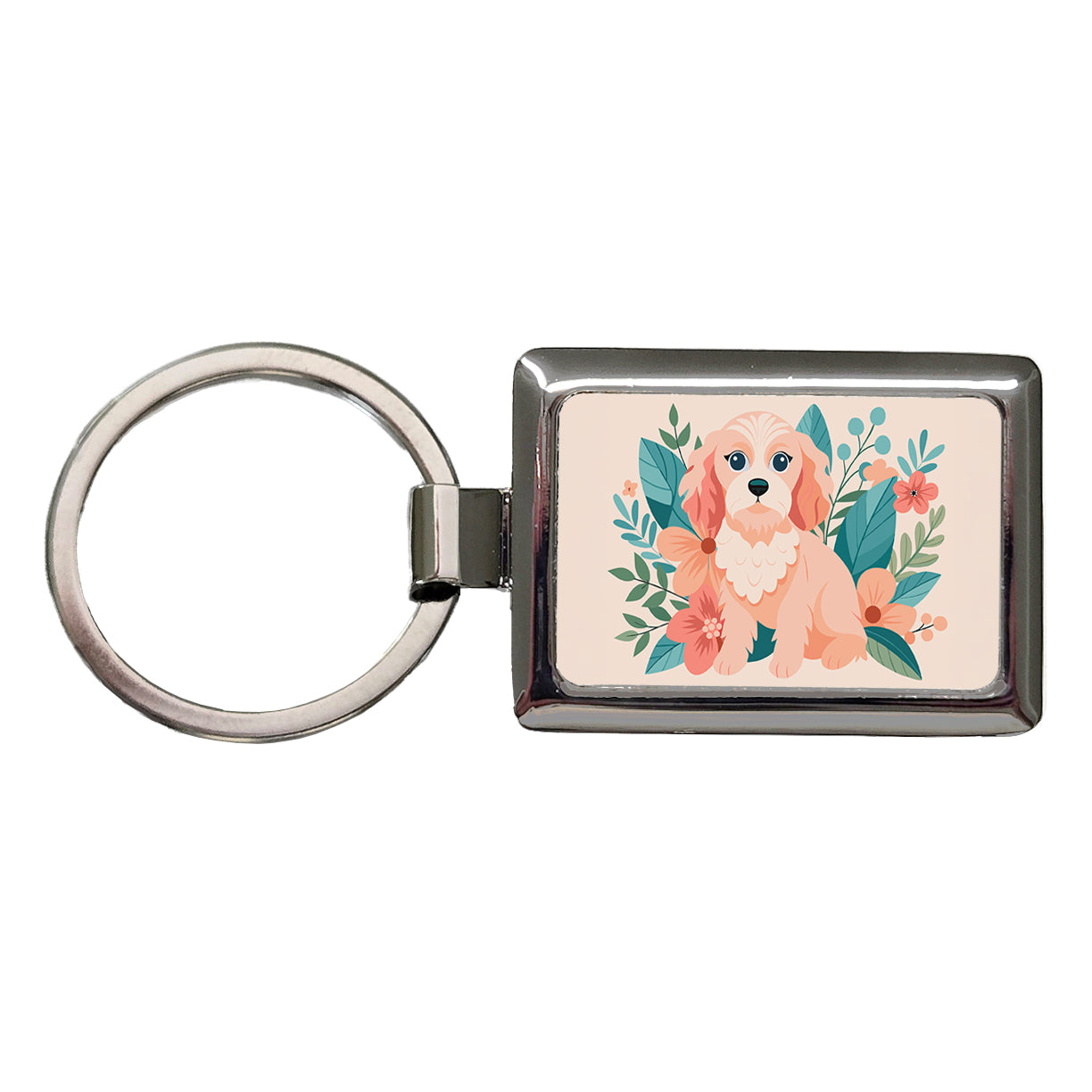Cavapoo Floral Motif Pink Dog Rectangle Metal Keychain