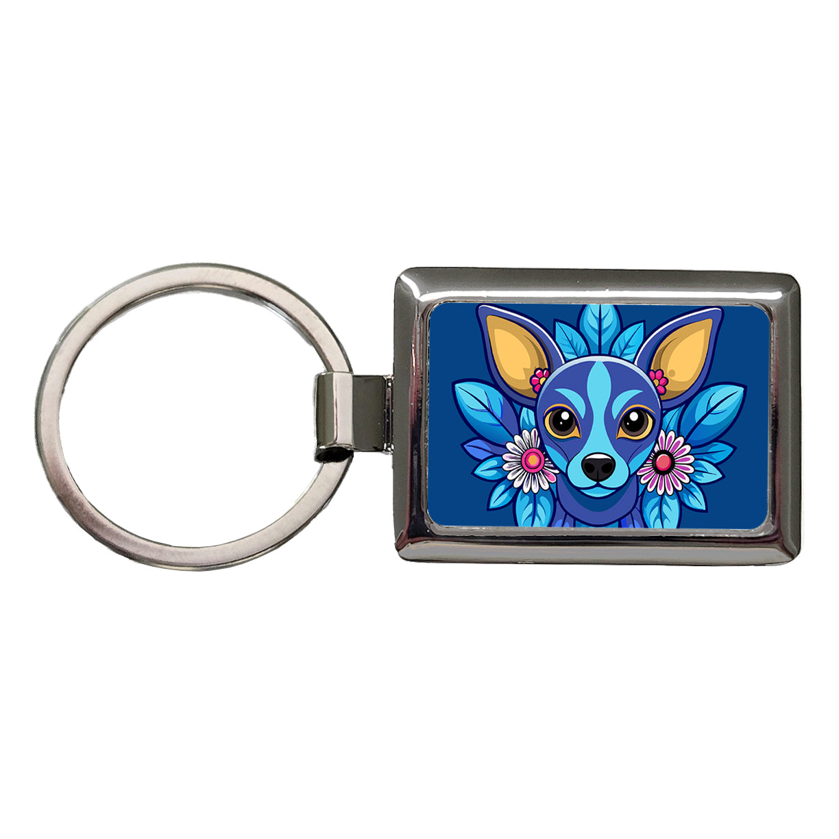 Chiweenie Head Floral Motif Blue Dog Rectangle Metal Keychain