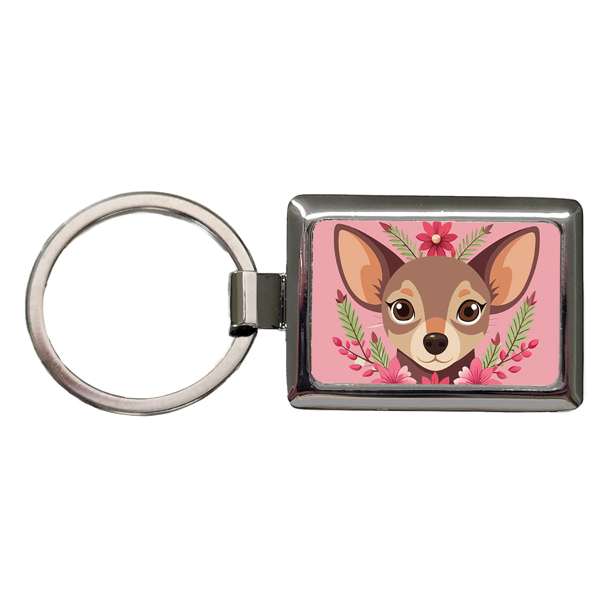 Chiweenie Head Floral Motif Pink Dog Rectangle Metal Keychain