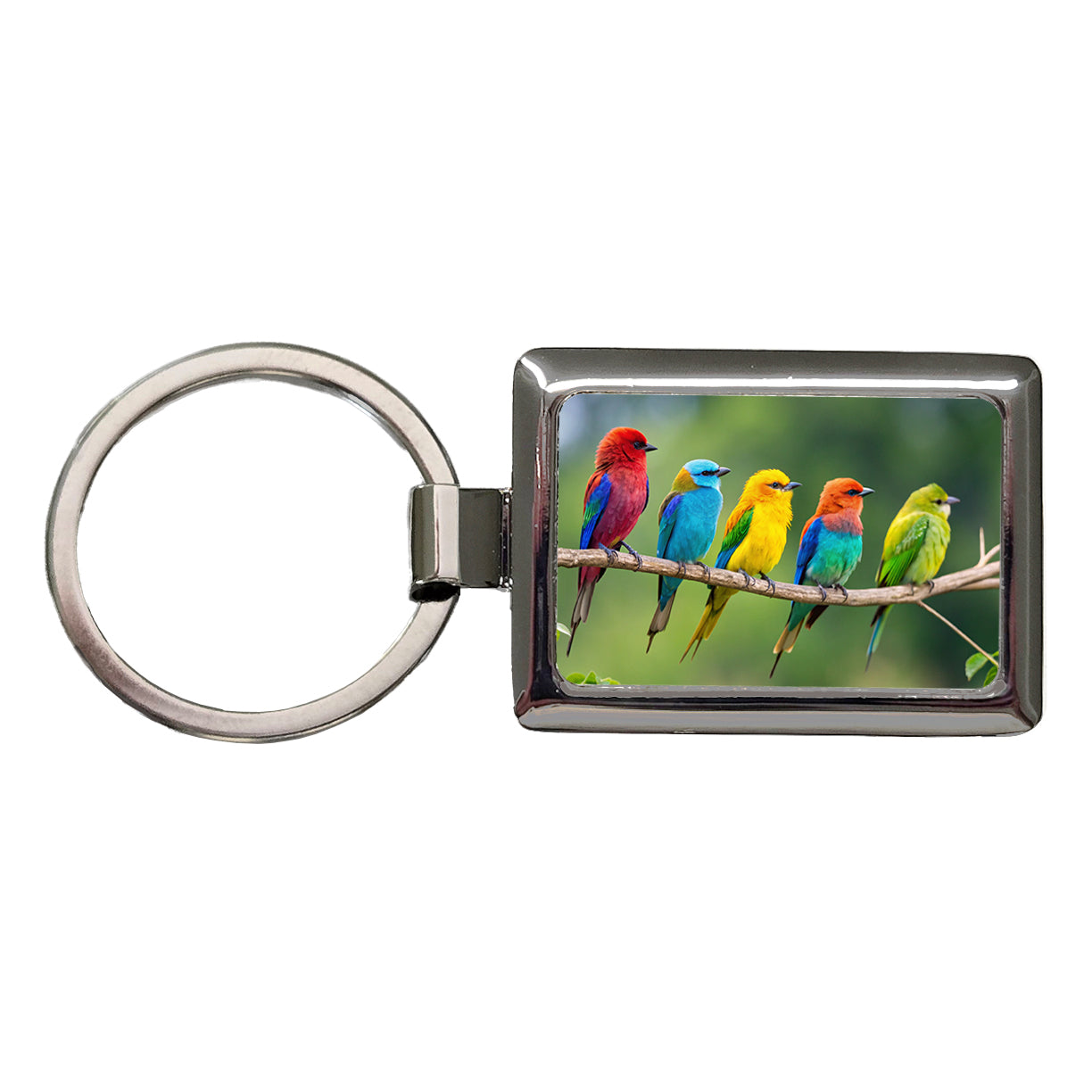 Colorful Birds In A Row Rectangle Metal Keychain