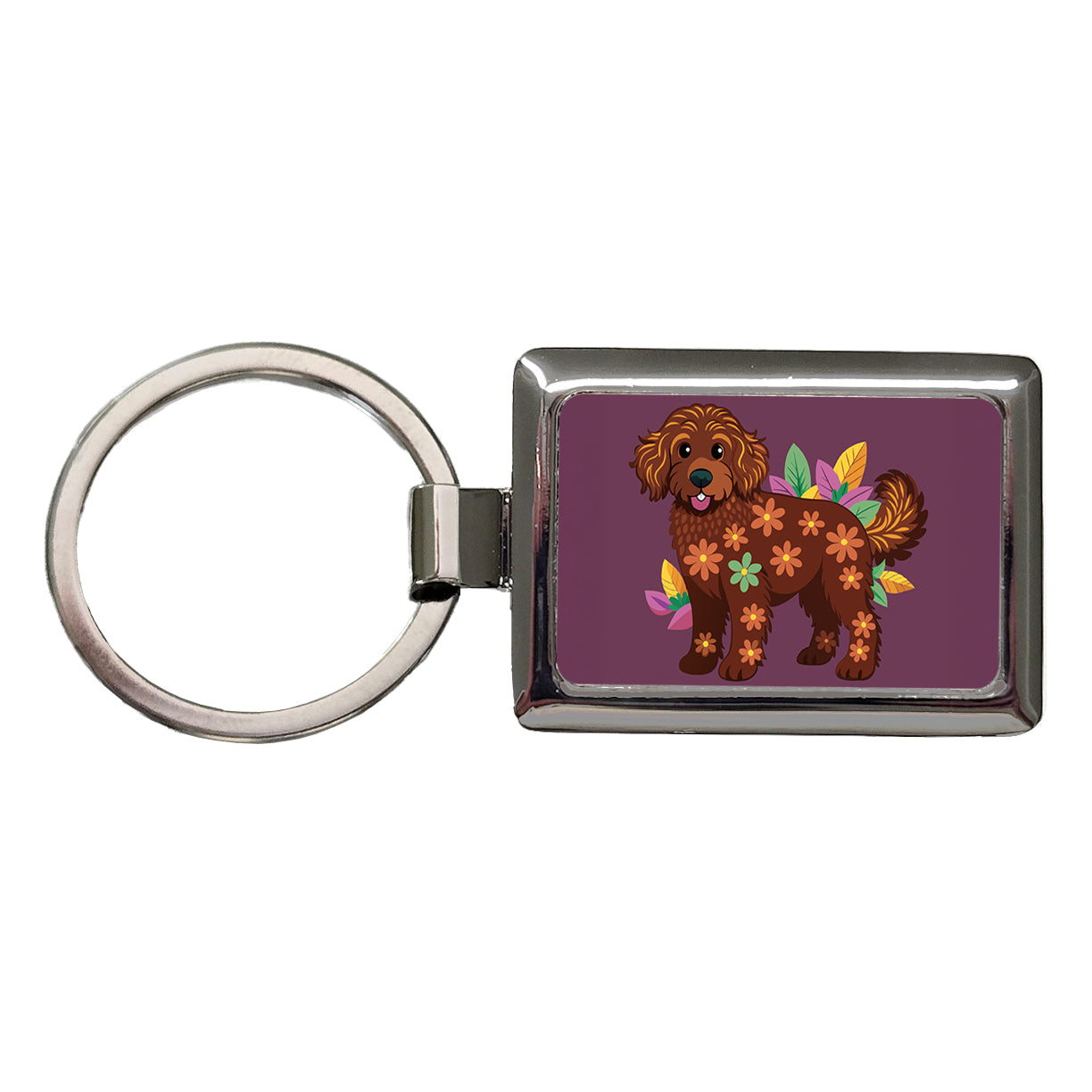 Dark Brown Golden Doodle Floral Motif Purple Dog Rectangle Metal Keychain