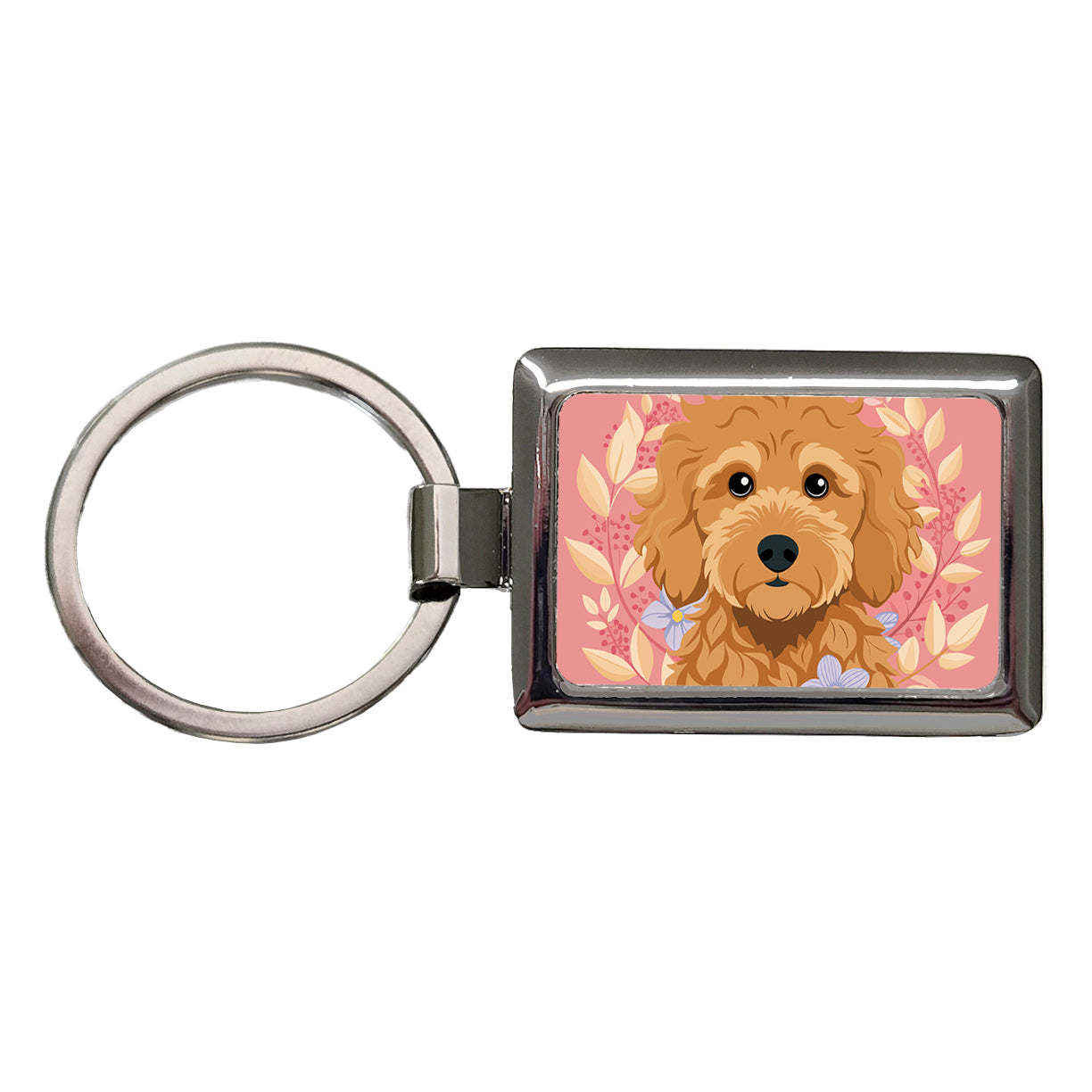 Golden Doodle Brown Head Floral Motif Pink Dog Rectangle Metal Keychain