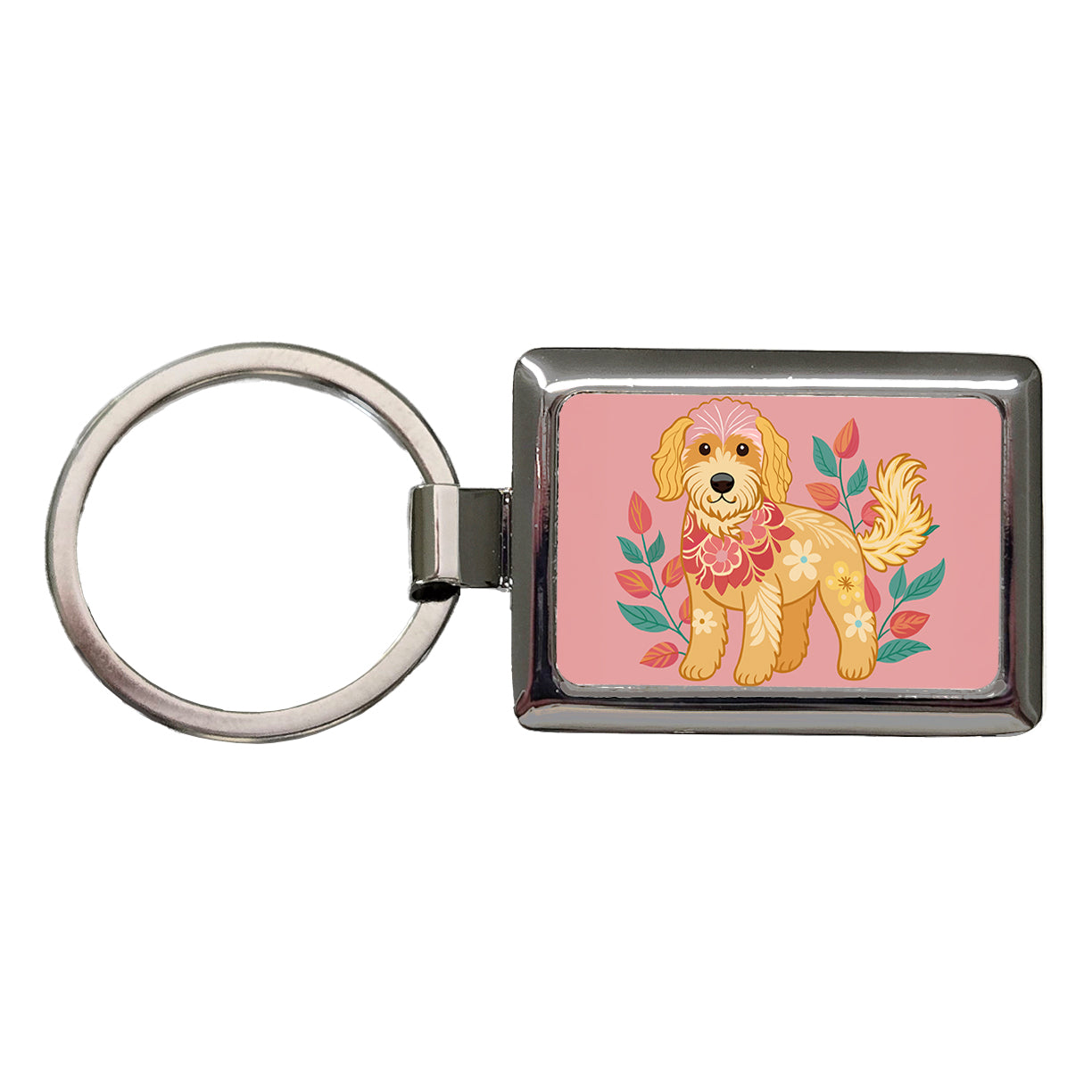 Golden Doodle Floral Motif Pink Dog Rectangle Metal Keychain