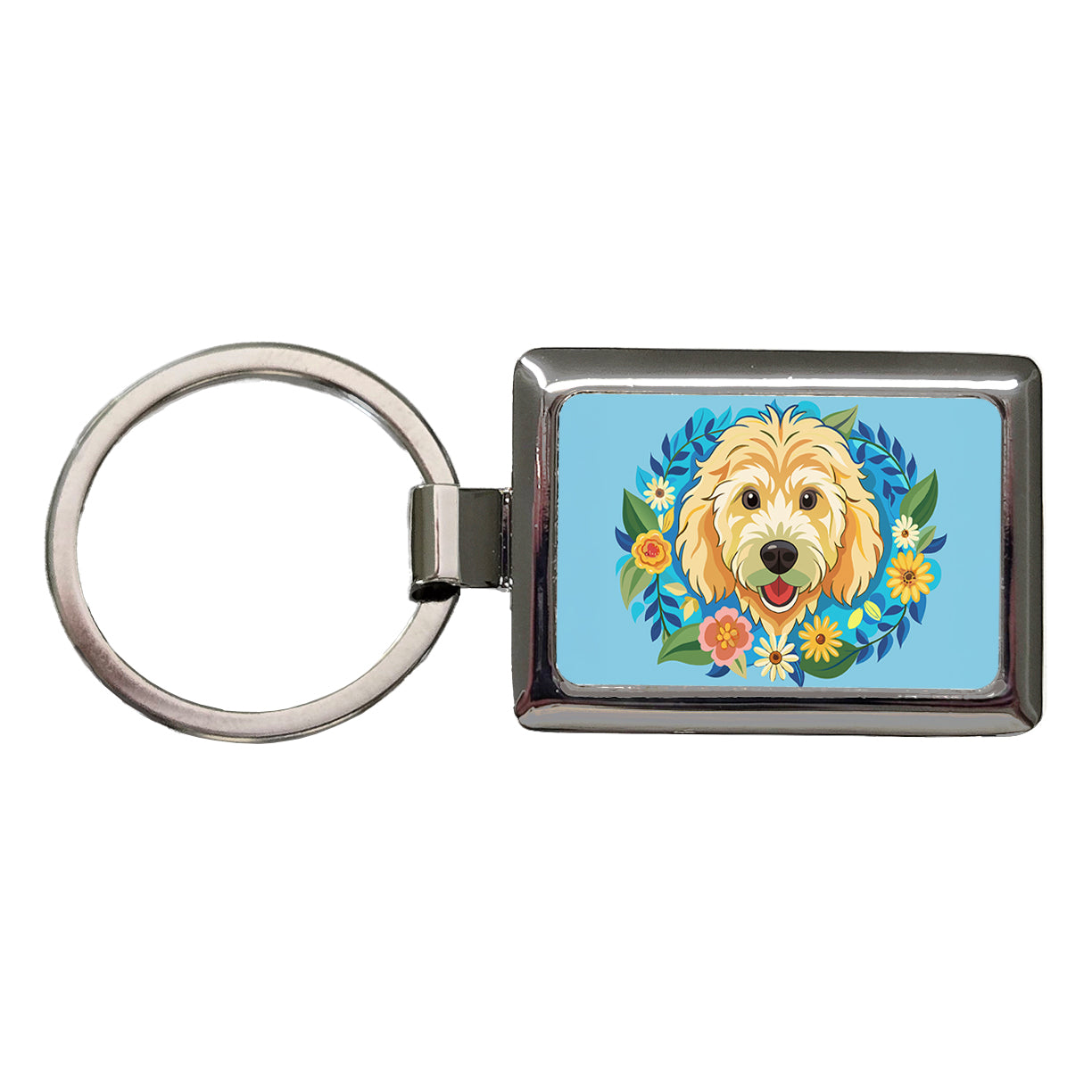 Golden Doodle Head Floral Motif Blue Background Dog Rectangle Metal Keychain