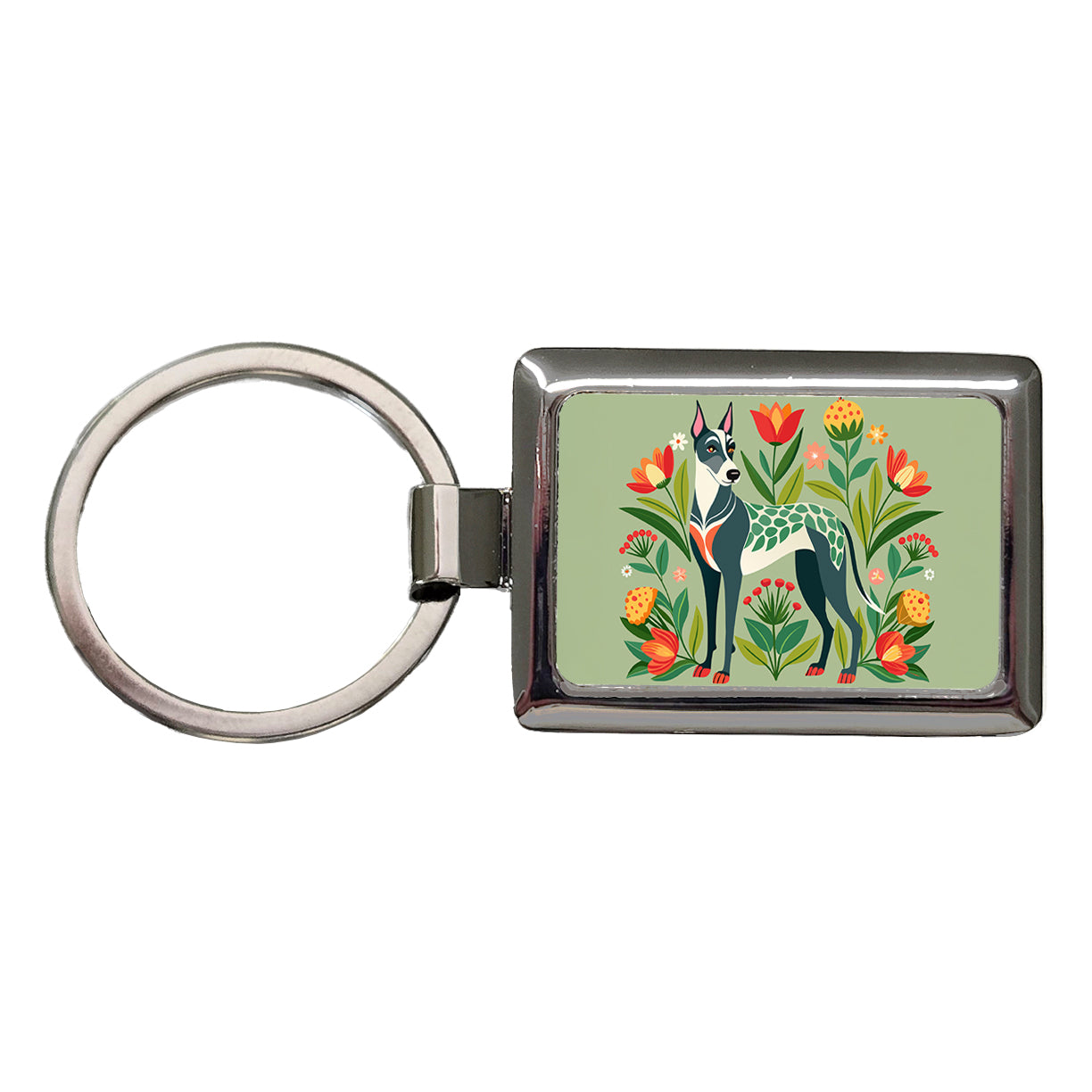 Great Dane Floral Motif Dog Standing Rectangle Metal Keychain