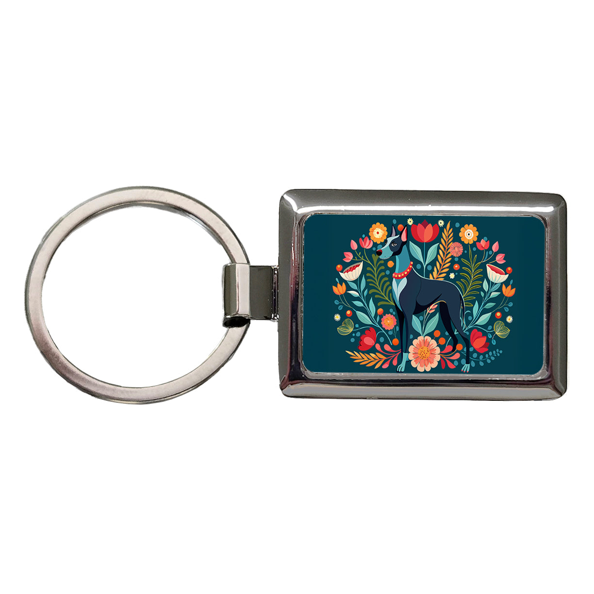 Great Dane Floral Motif Dog Rectangle Metal Keychain