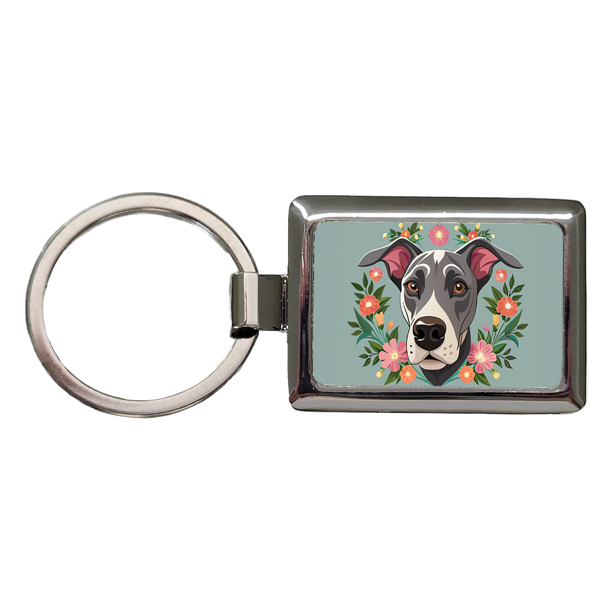 Great Dane Head Floral Motif Gray Dog Rectangle Metal Keychain