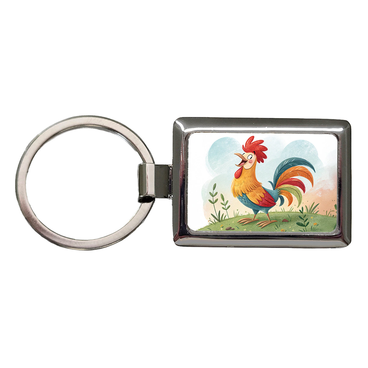Happy Rooster Rectangle Metal Keychain