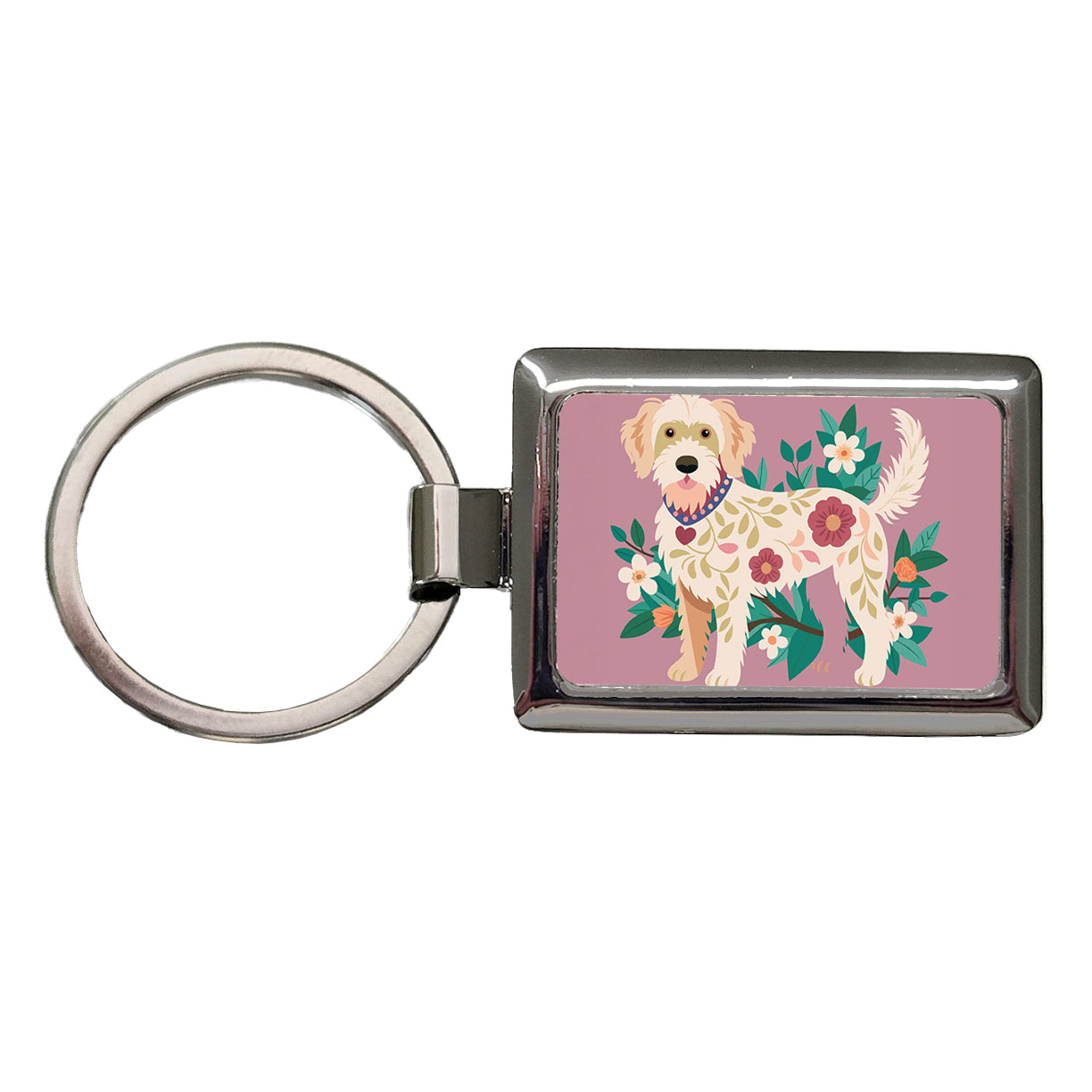 Labradoodle Floral Motif Standing Dog Rectangle Metal Keychain