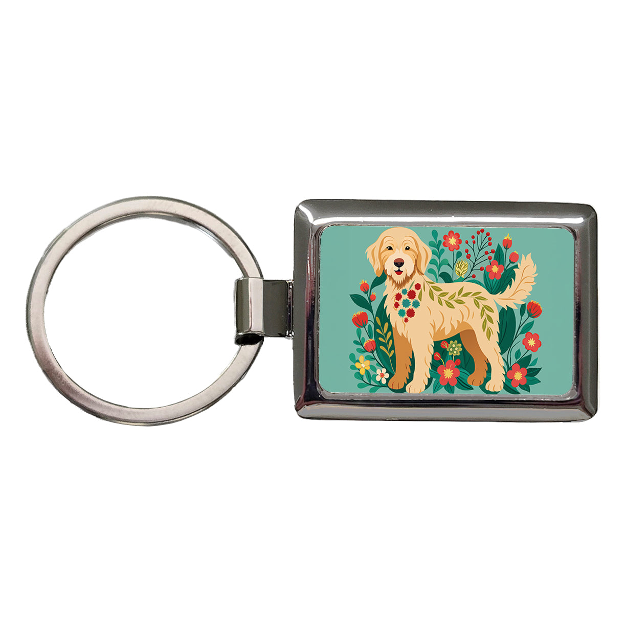 Labradoodle Floral Motif Tan Dog Rectangle Metal Keychain