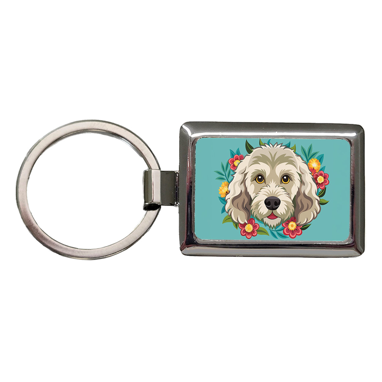 Labradoodle Head Floral Motif Dog Rectangle Metal Keychain