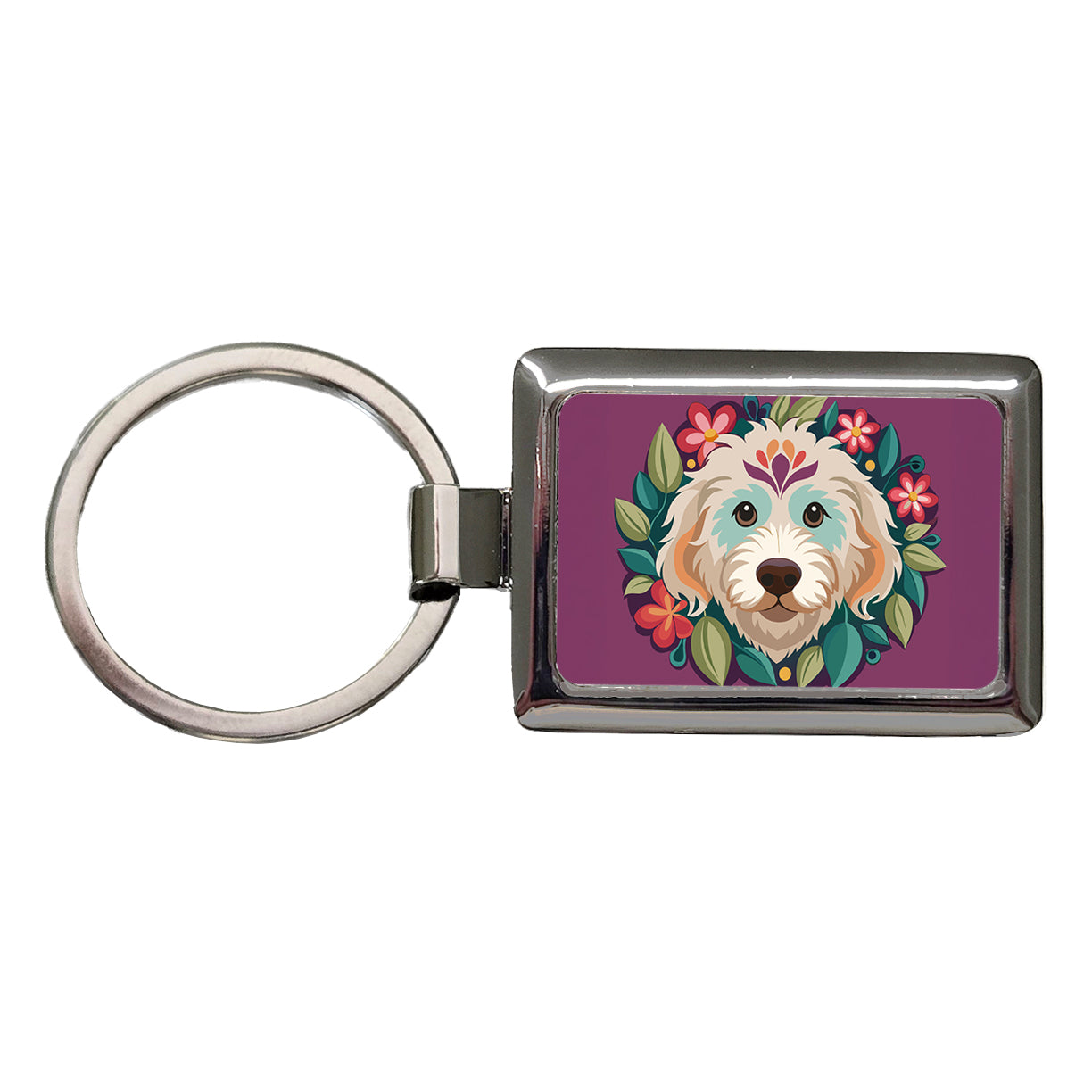Labradoodle Head Floral Motif Purple Dog Rectangle Metal Keychain