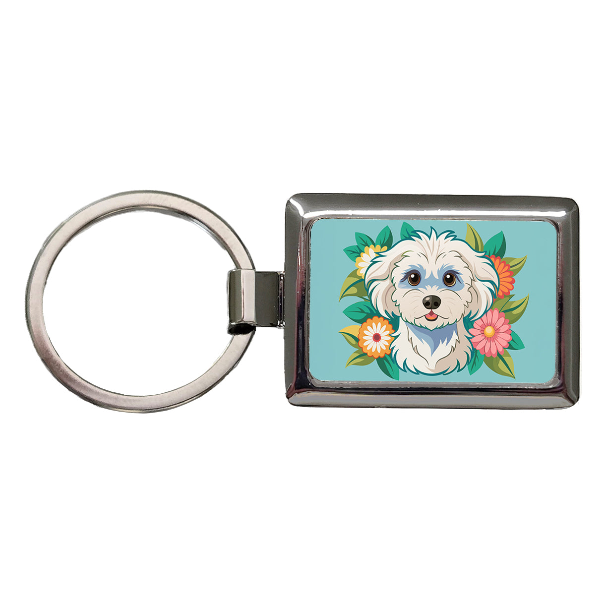 Maltipoo Floral Motif Dog Cute Rectangle Metal Keychain